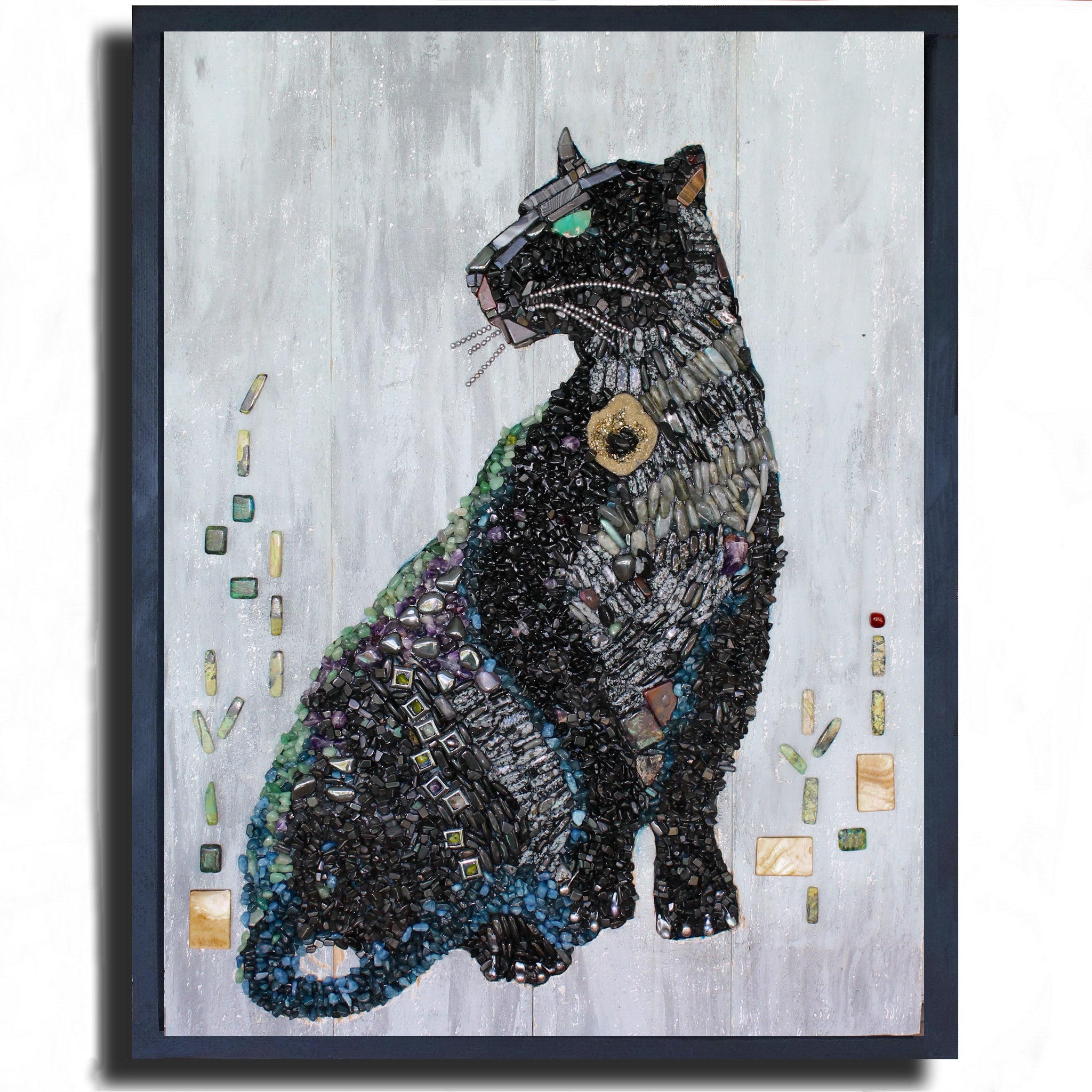 Black Panther Mosaic with Semiprecious Stones on Wood -  SOLD