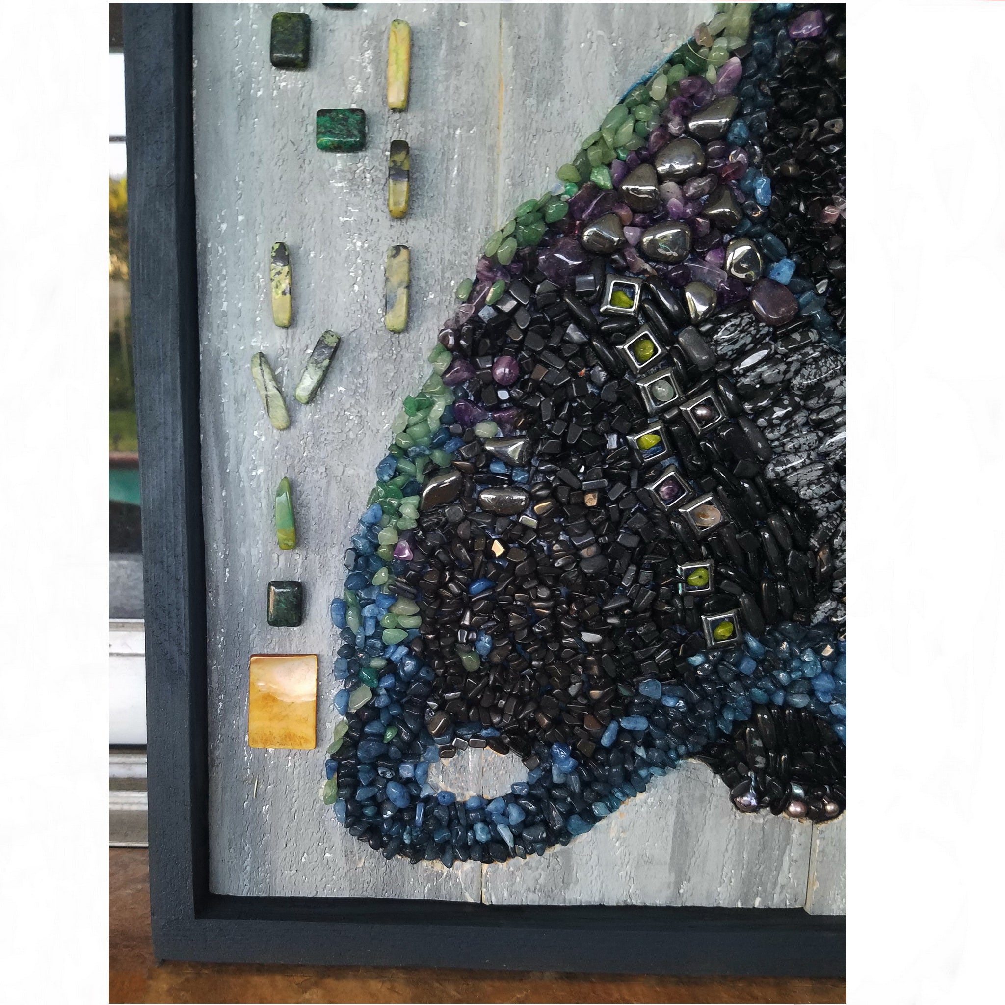 Black Panther Mosaic with Semiprecious Stones on Wood -  SOLD