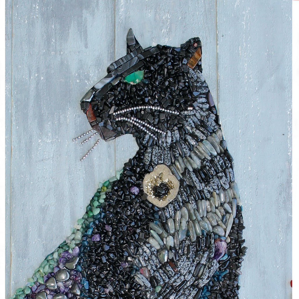 Black Panther Mosaic with Semiprecious Stones on Wood -  SOLD