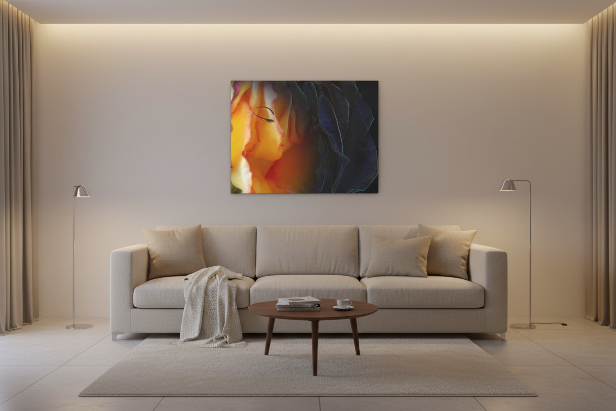 Tea Rose above light sofa in low light