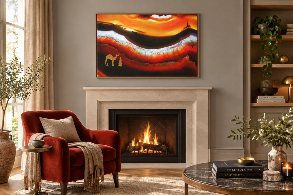 The Long Road in the Dunes above a fireplace with a red chair and grey walls