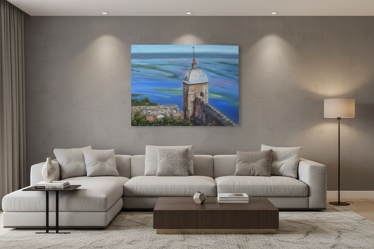 Ukrainian Landscape medium-large in Living Room with Gray Walls
