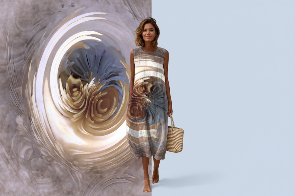 White Blue Swirl Dress with Art Backdrop