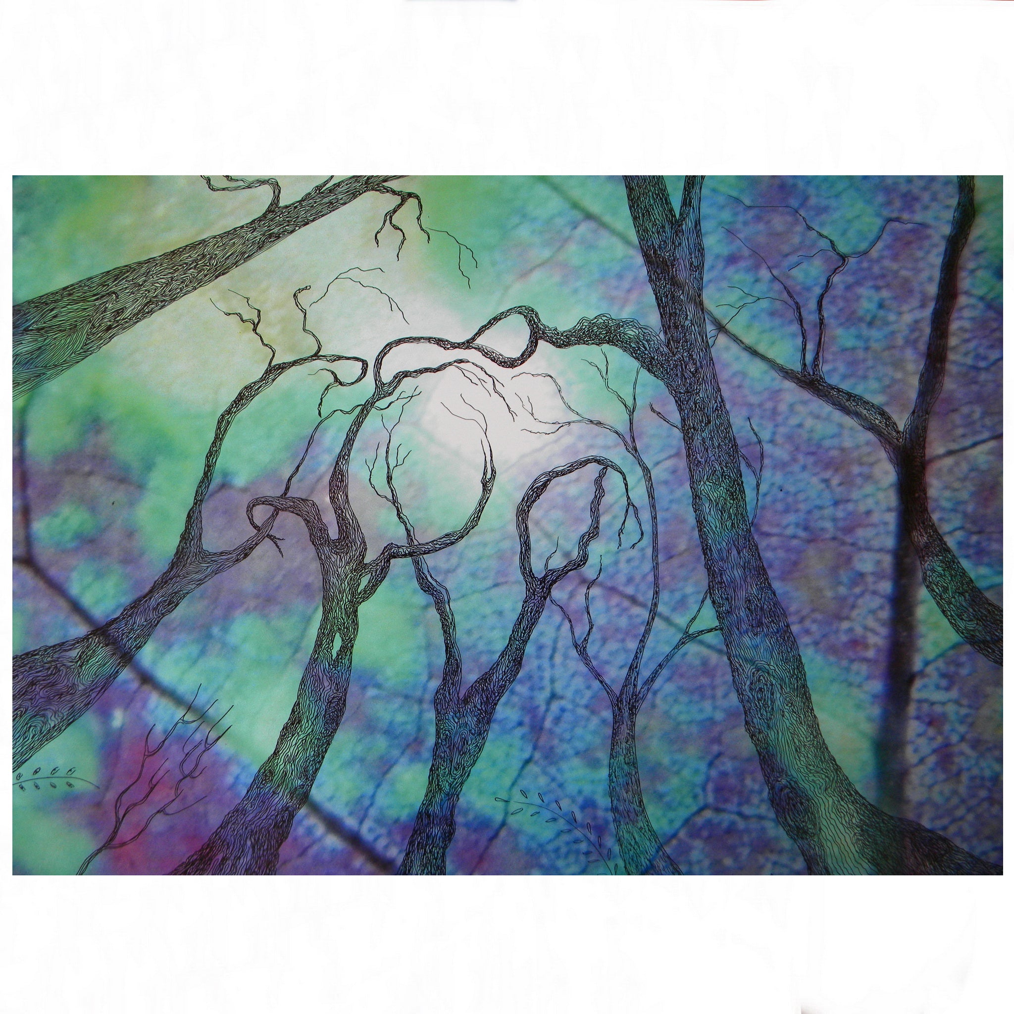 Artistic depiction of trees with a colorful, abstract background