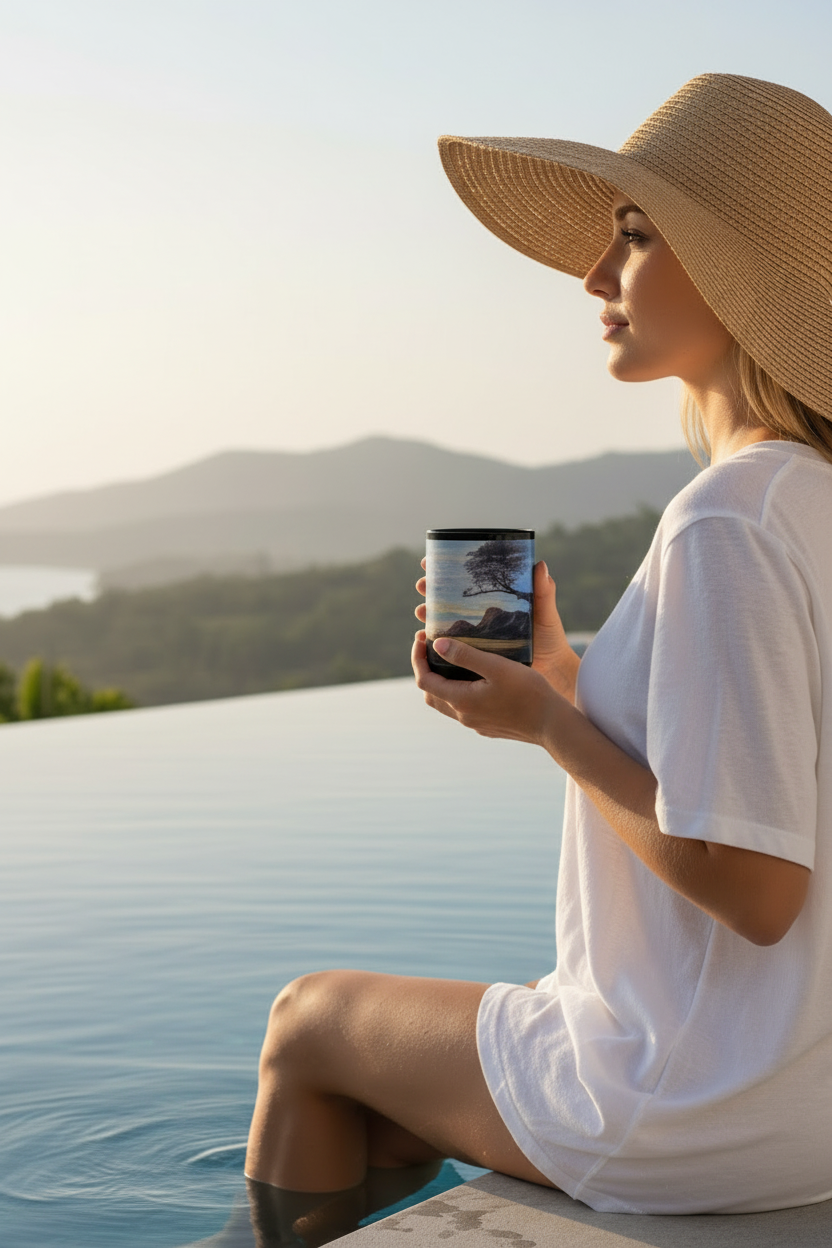 Woman closer with mug by pool