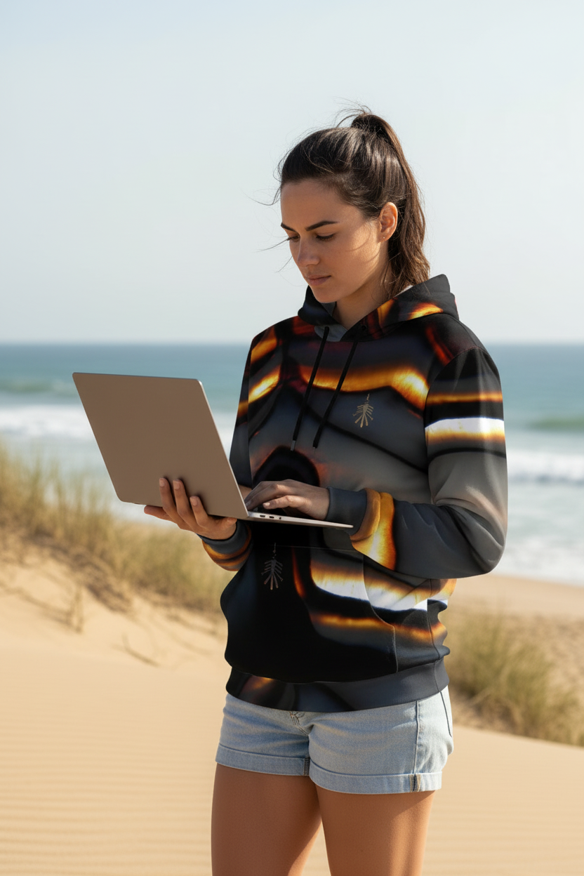 Woman figure in hoodie working on beach