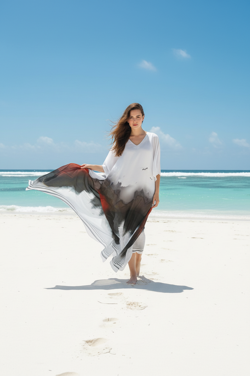 Woman Walking on Beach - Gray/Red Dress