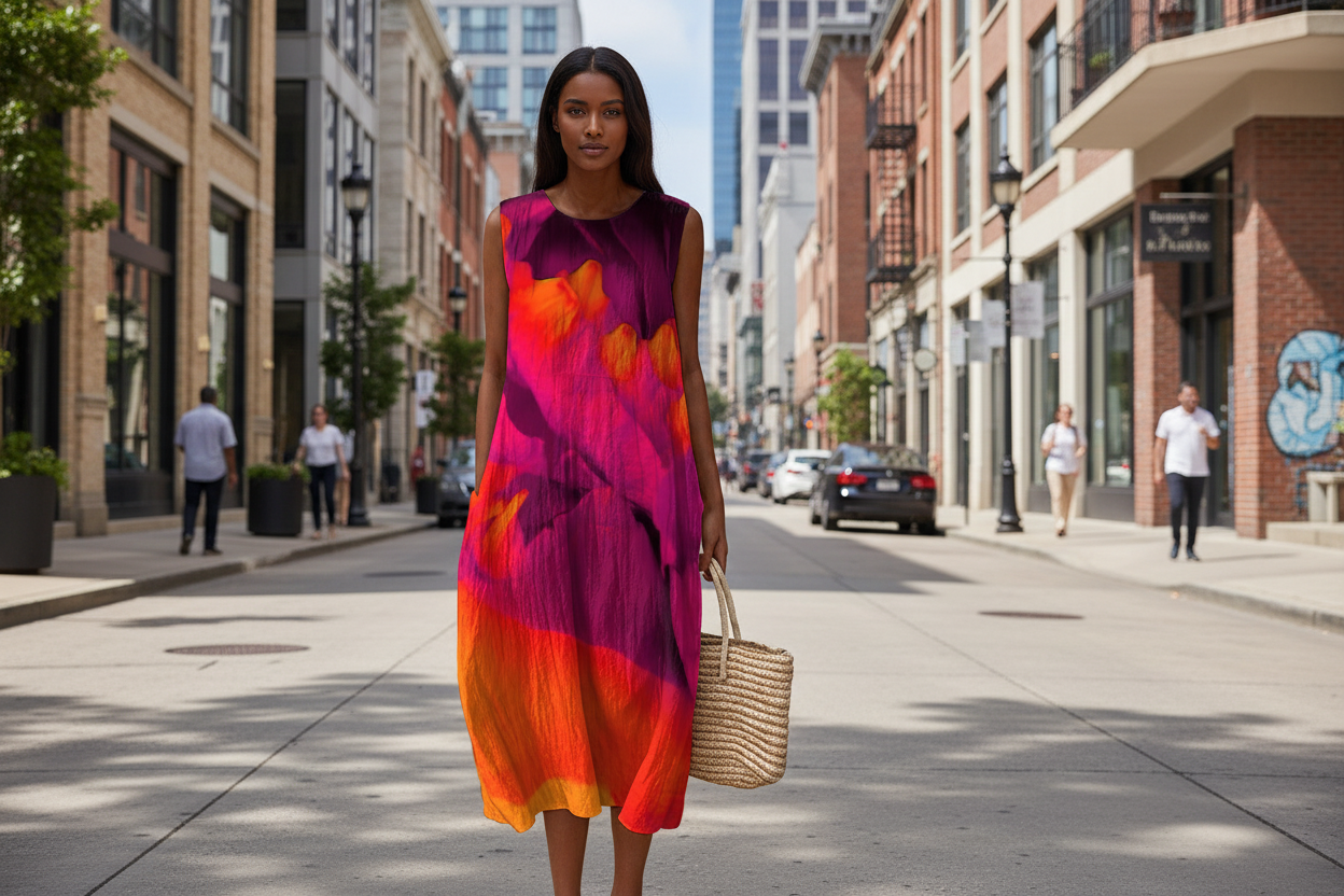 Woman wearing colorful dress in city setting