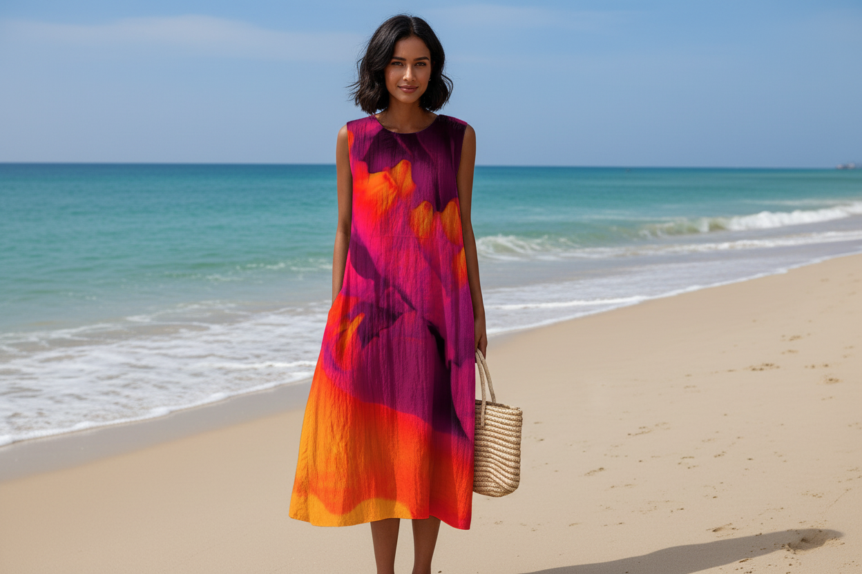 Woman wearing colorful sleeveless summer dress