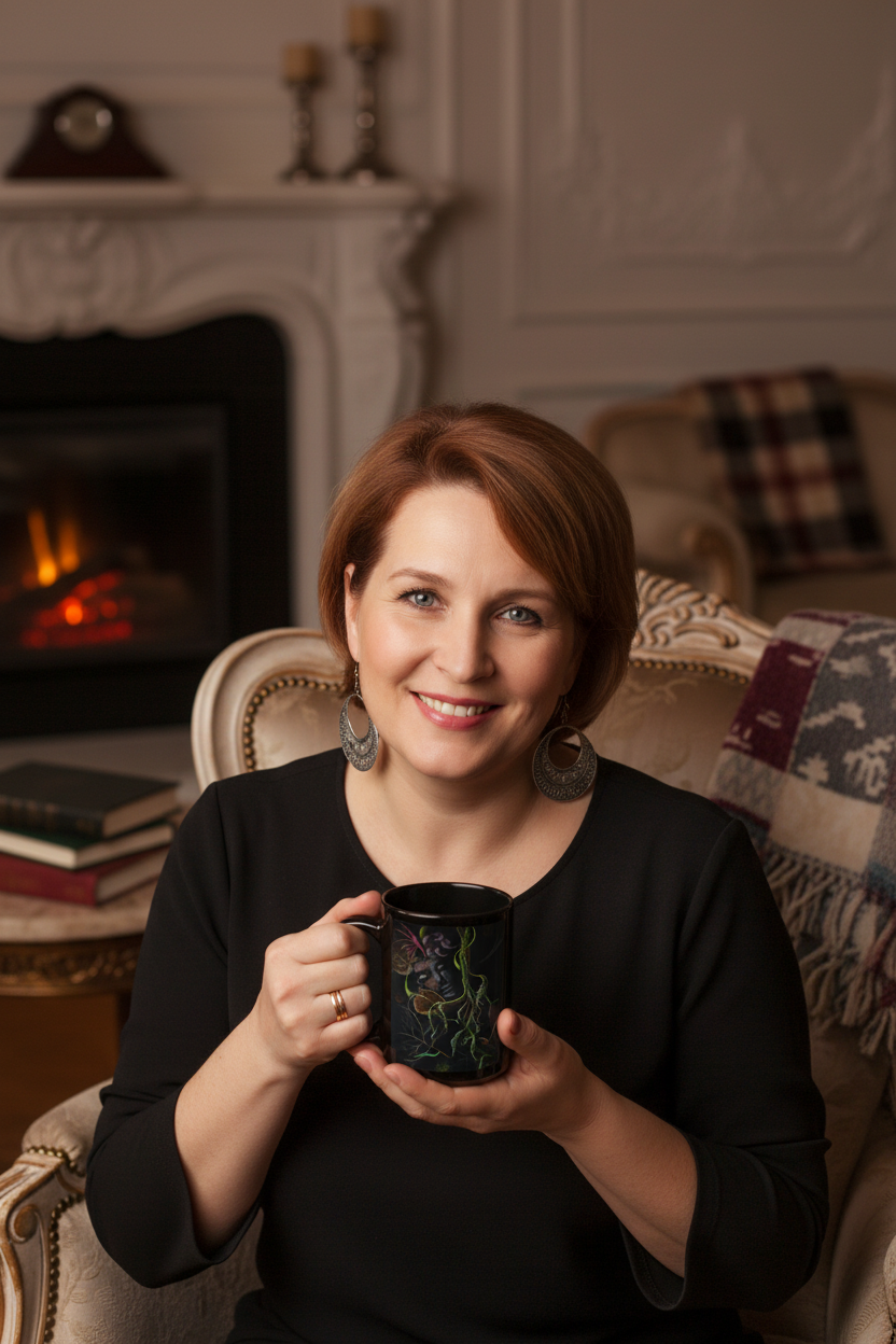women holding Bloom black mug