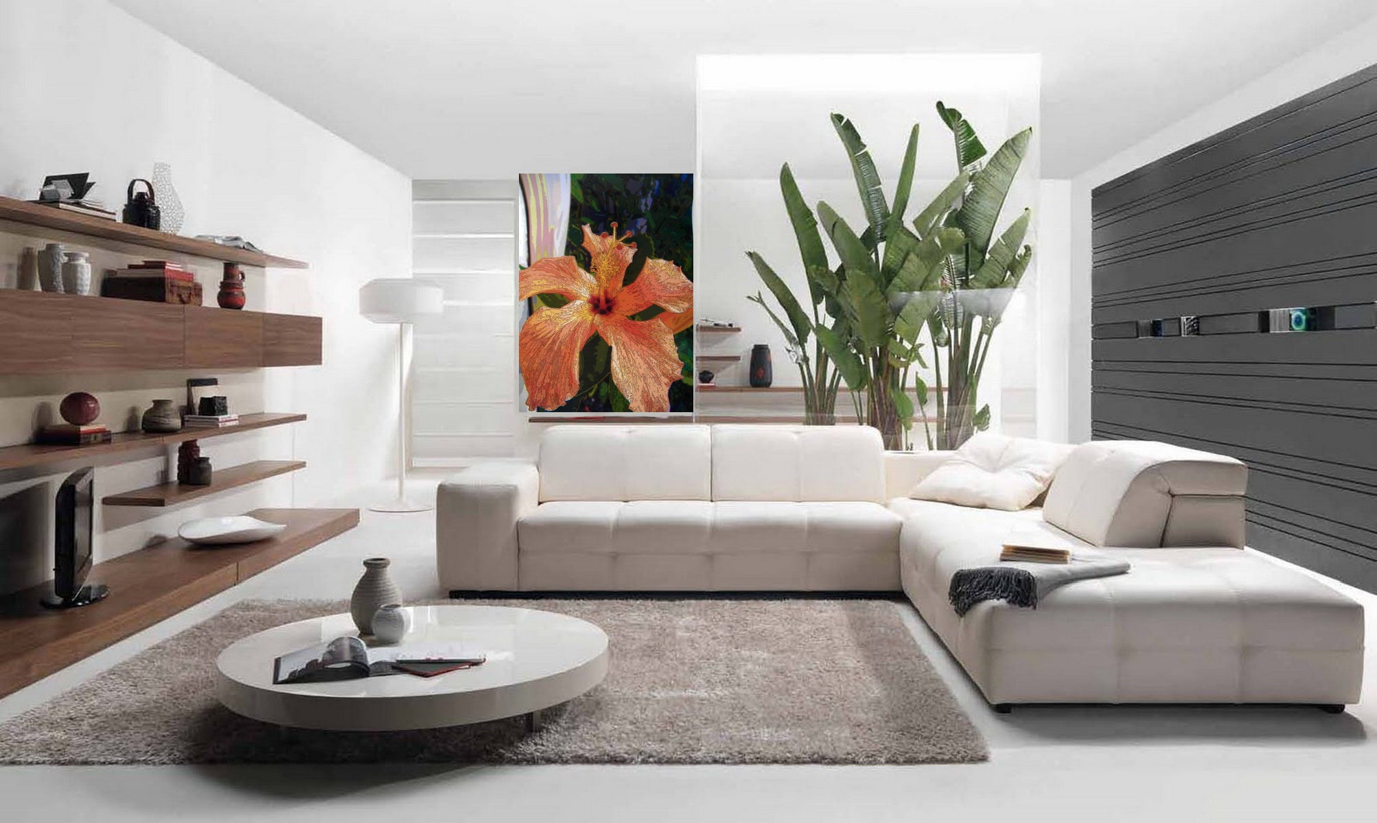 Modern living room with a beige sectional sofa, and picture of orange Hibiscus on the wall. 