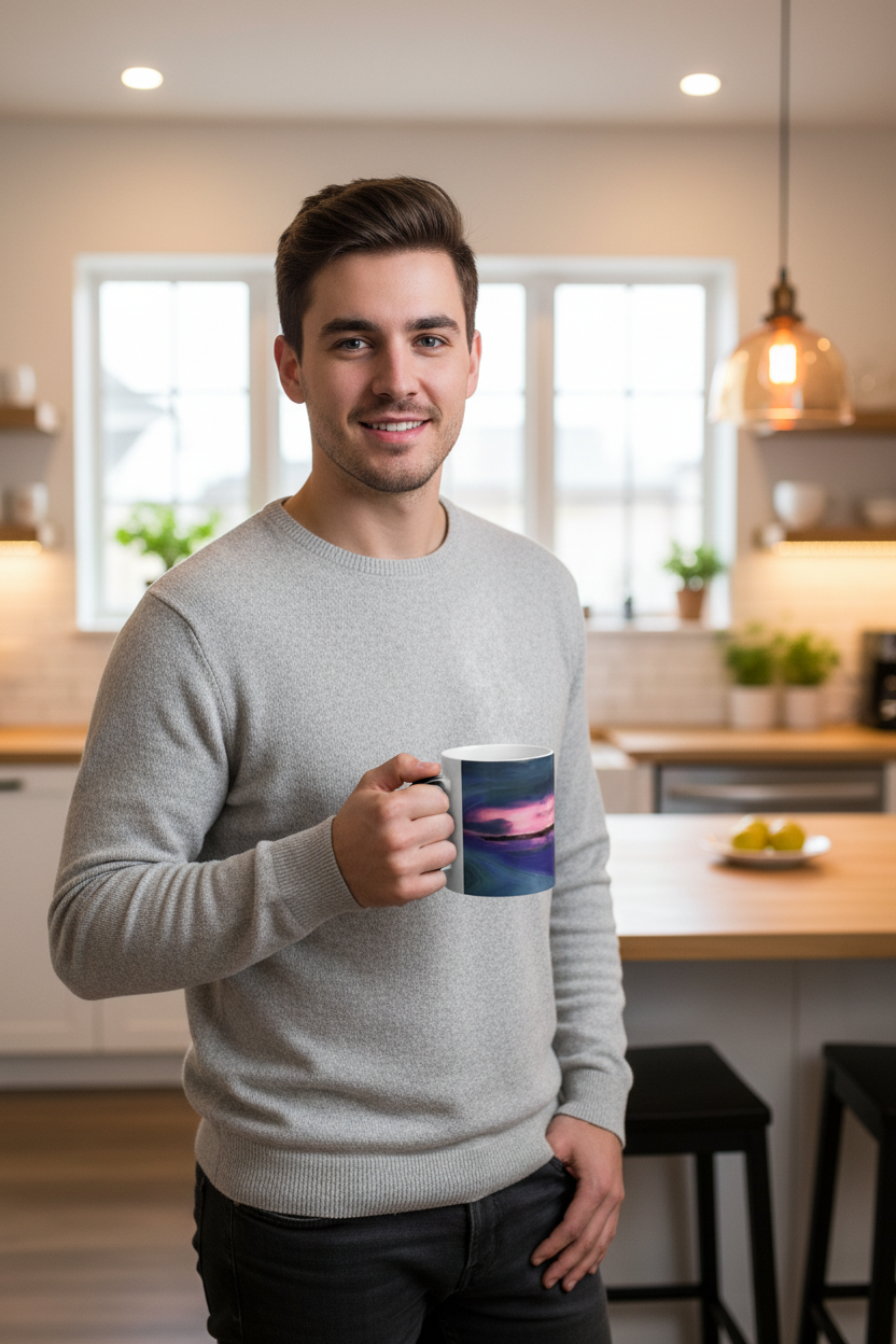Young man in kitchen with Key West Sunset mug