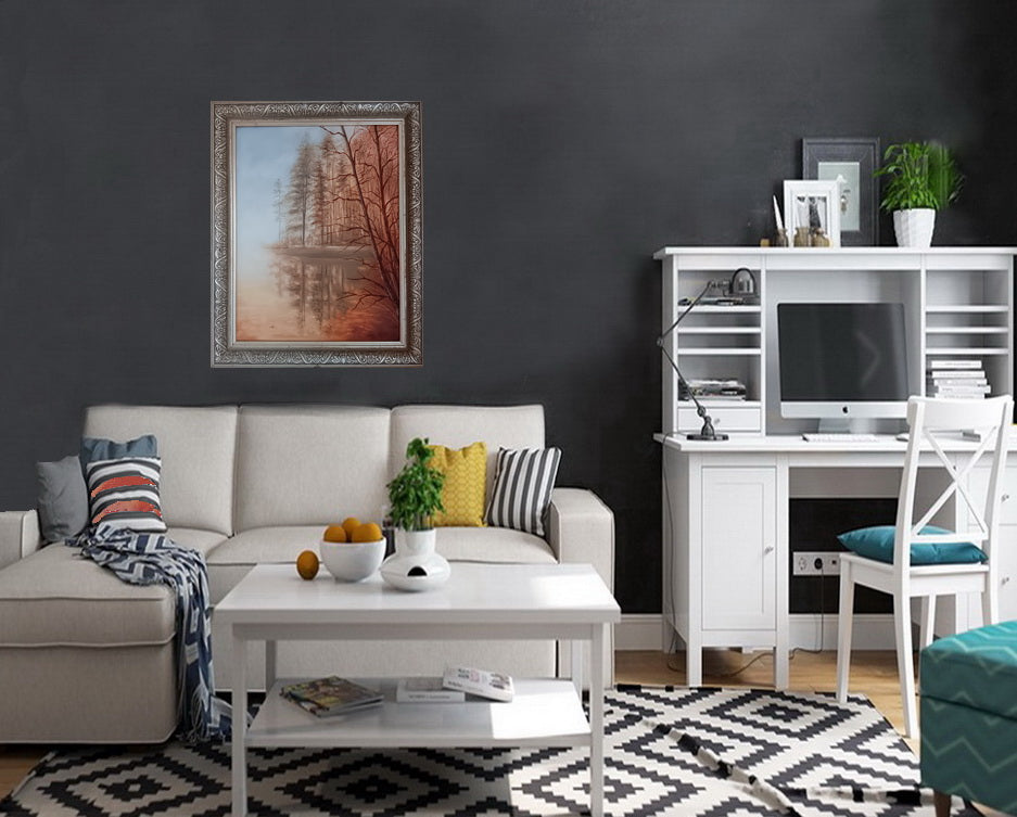 Living room with a gray sofa, coffee table, and decorative items against a dark wall.